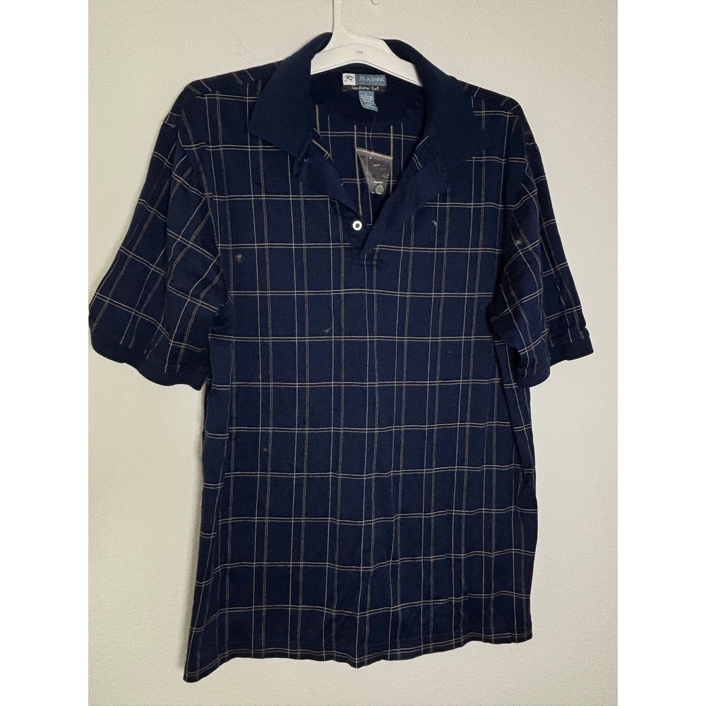 Jos A Bank Leadbetter Golf Polo Shirt Mens Large Navy Blue Windowpane Cotton